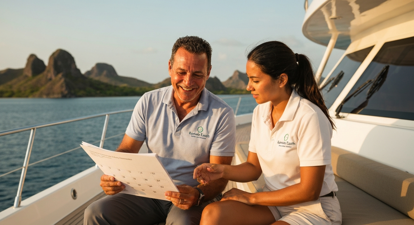 Two smiling crew members discuss a calendar on