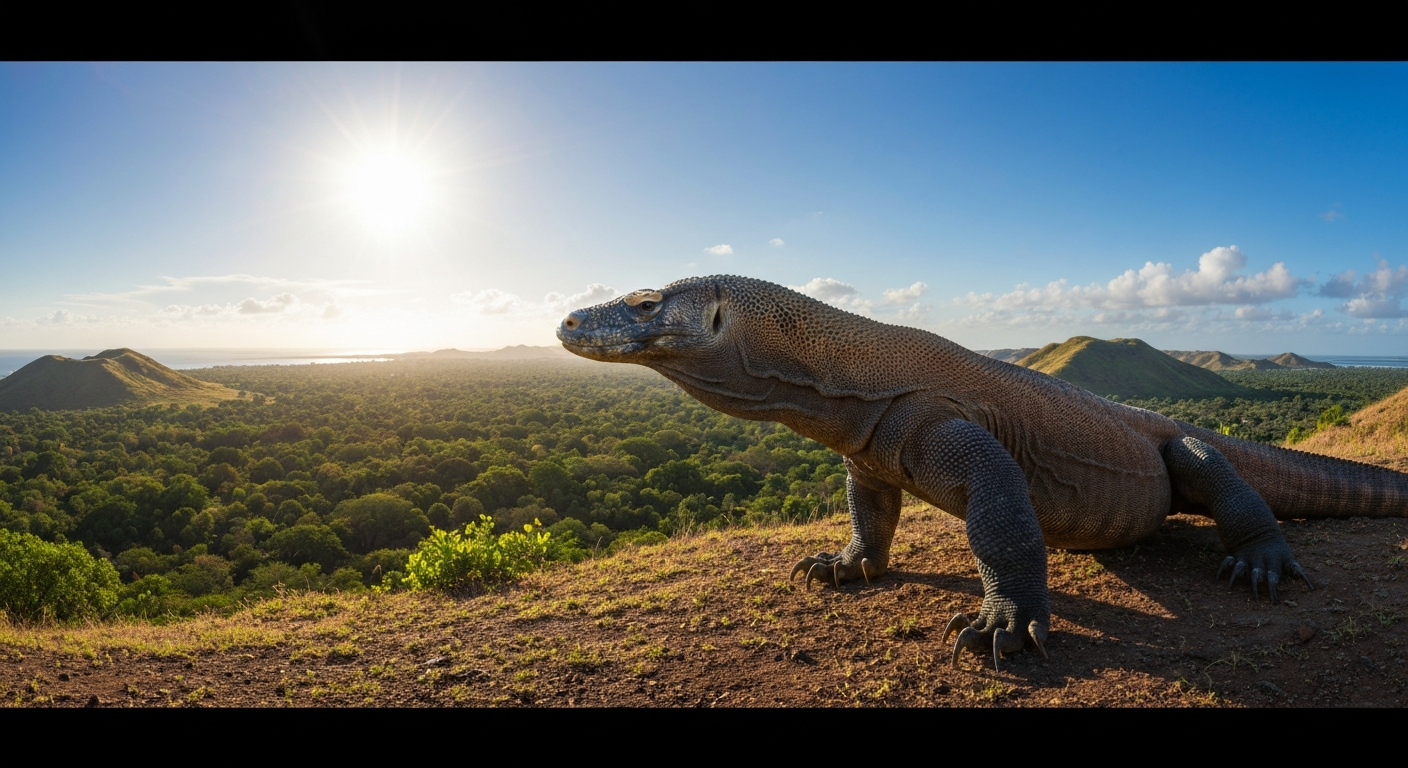 A large Komodo dragon stands on